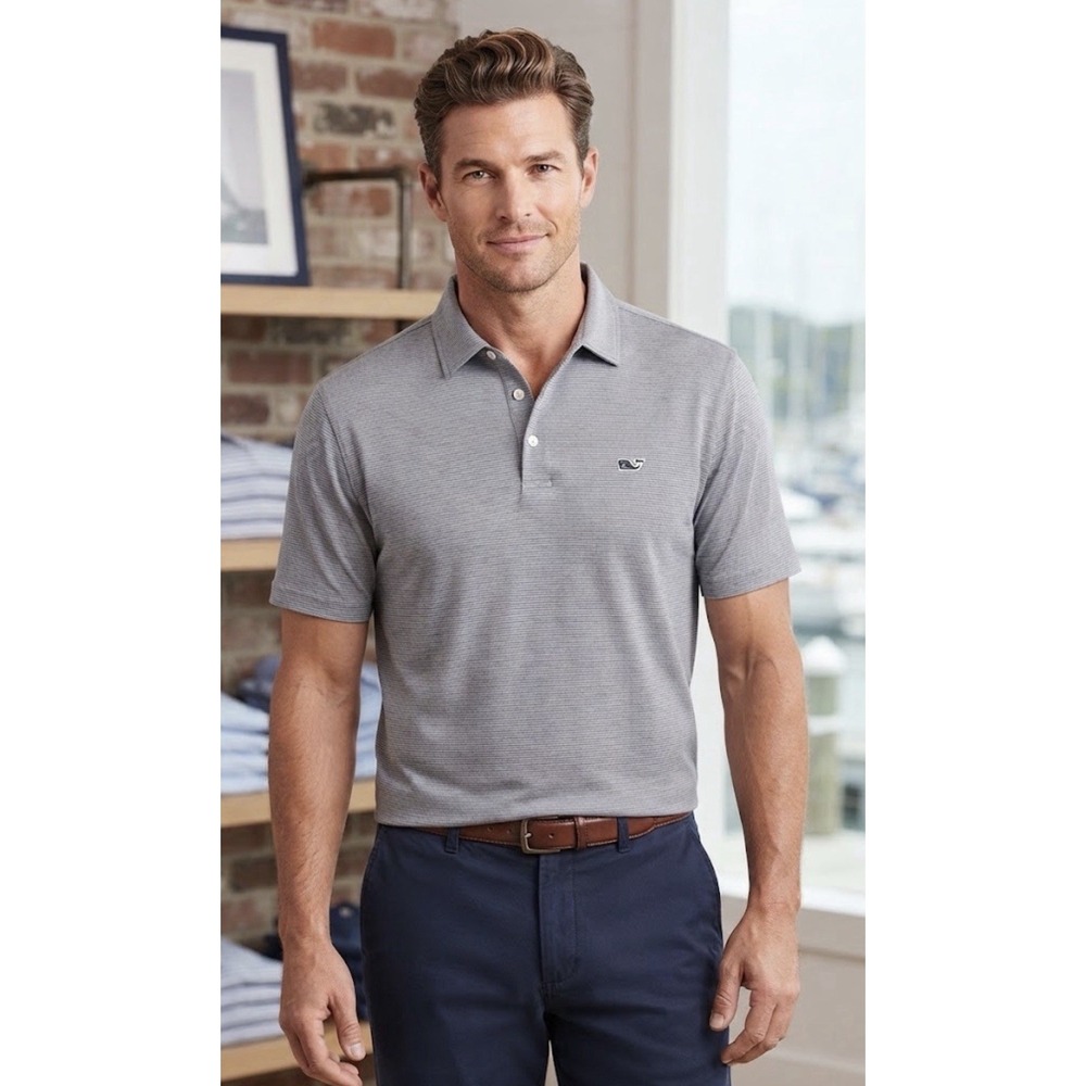 Vineyard Vines OTG Polo Shirt Men XXL Gray Stripe On-the-Go Sankaty Golf Stretch